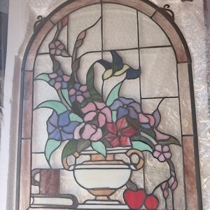 Elegant Floral Stained Glass Panel with Red and Blue Accents